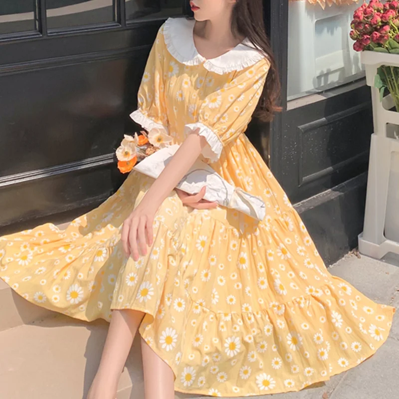 

Sweet Peter Pan Collar Printed Shirring Bandage Princess Dress Female Clothing 2024 Summer Loose Butterfly Sleeve Floral Dress