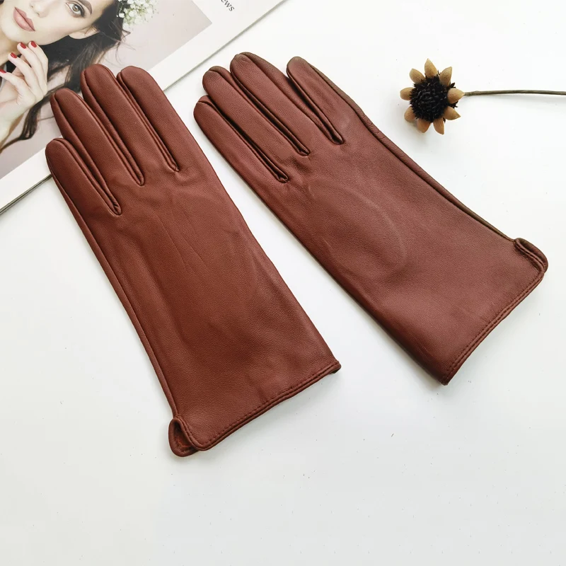 New Ladies Sheepskin Touch Screen Gloves Single Leather Thin Unlined Classic Solid Color Versatile Straight Driving Gloves