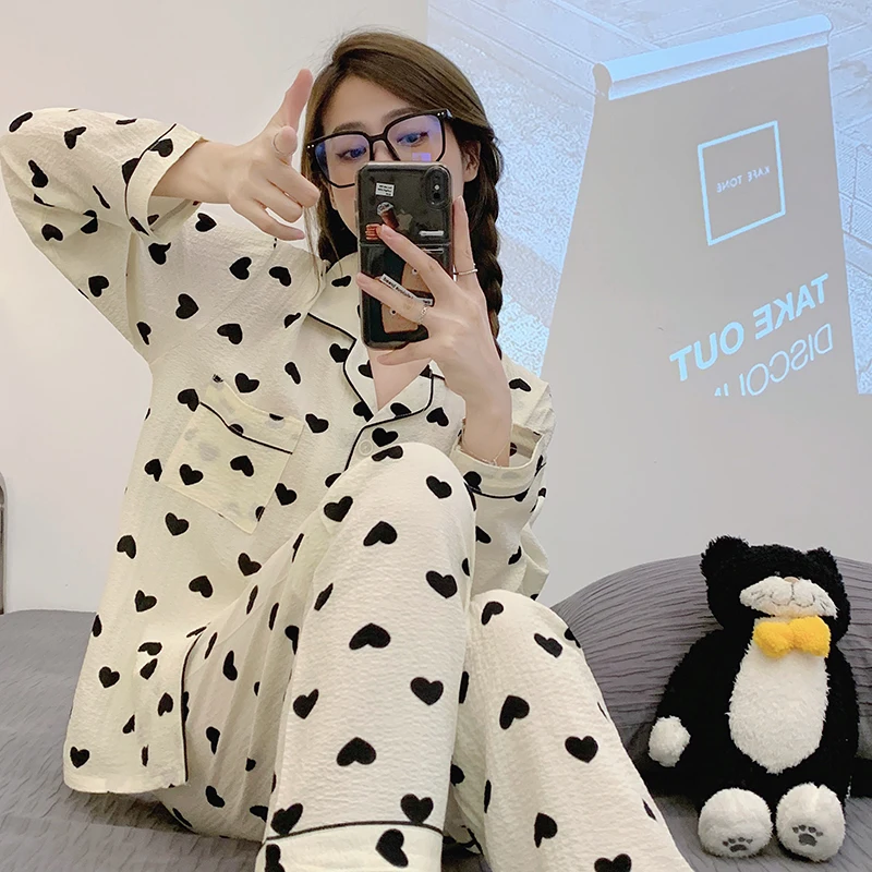 Cardigan small lapel floral pajamas women spring and autumn thin foam wrinkled apricot small love casual sweet lovely home suit