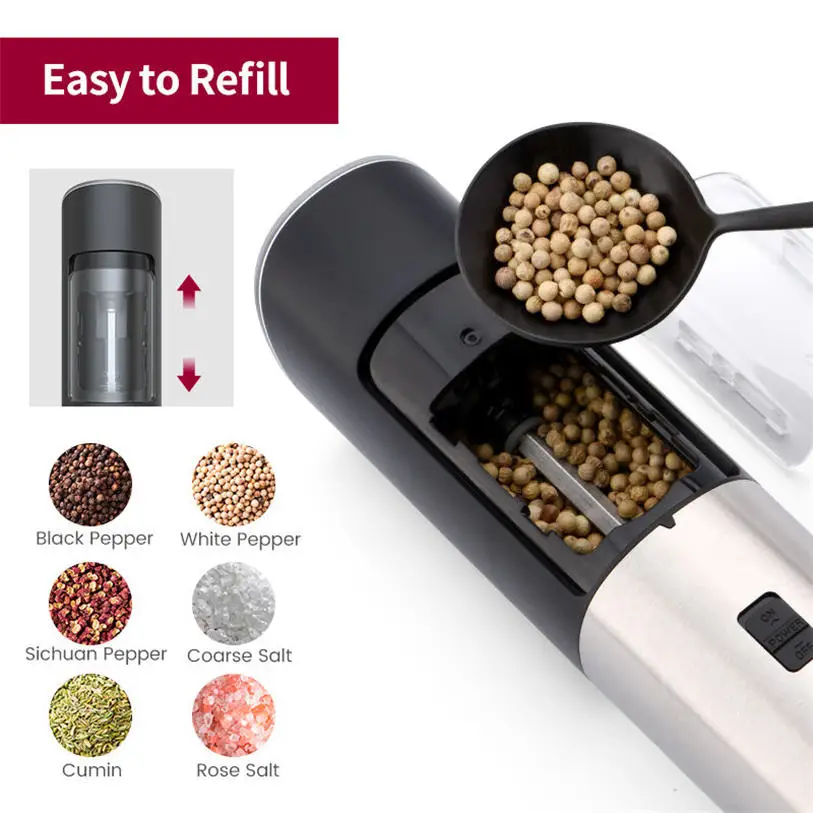 50pcs Electric Salt and Pepper Grinder Automatic Refillable Battery Operated  Stainless Steel Spice Mills with Light Kitchen Tool - AliExpress