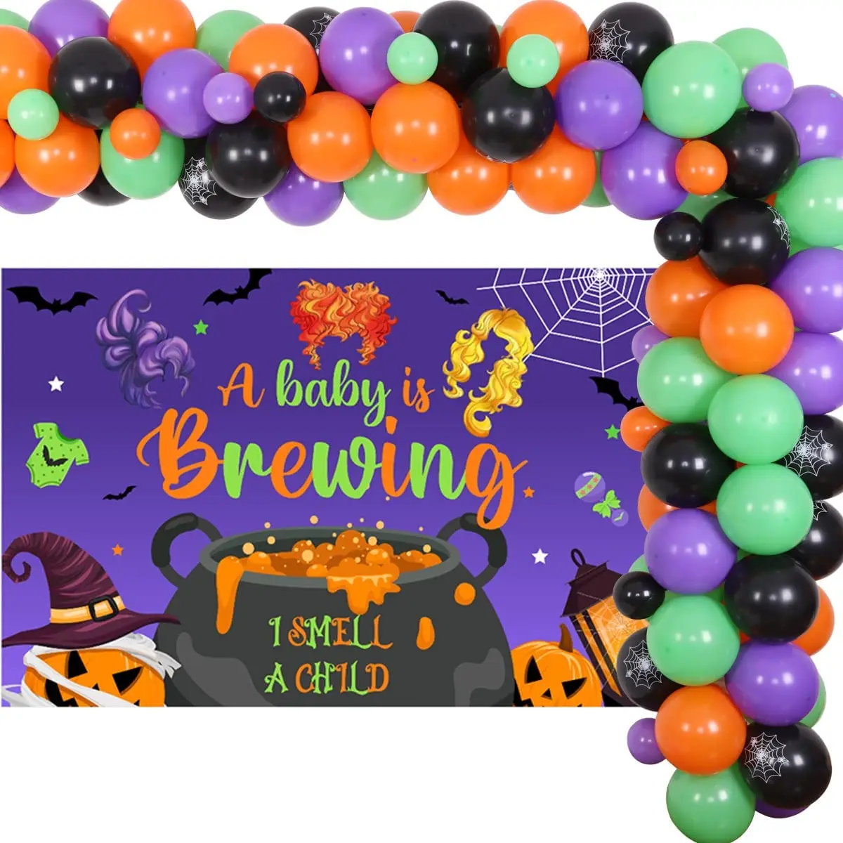 

Sursurprise-A Baby Is Brewing Halloween Baby Shower Decoration, I Smell A Child Backdrop, Purple and Green Balloon Arch for Boys