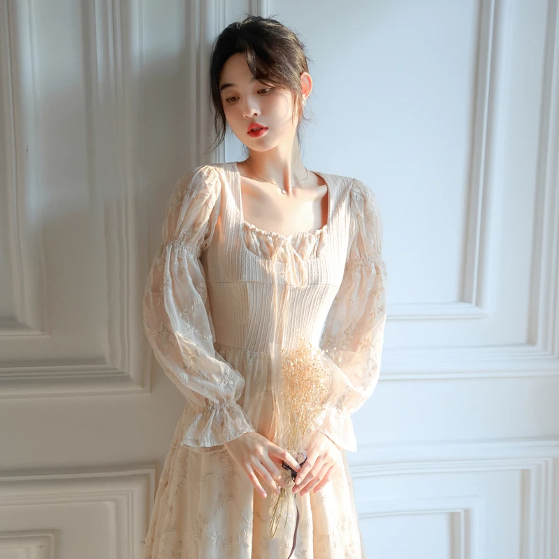 

Fall French Retro Dress Women's Court Style Knitted Mosaic Chiffon Embroidery Dress Robe Flare Sleeves Fashion Midi Dress
