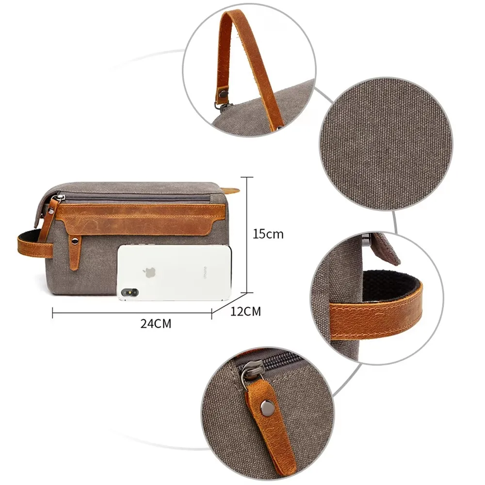 Durable Canvas Zipper Toiletry Bag With Leather Handle Travel Men Wash Shaving Waterproof Storage Bag Women Makeup Organizer Bag 6