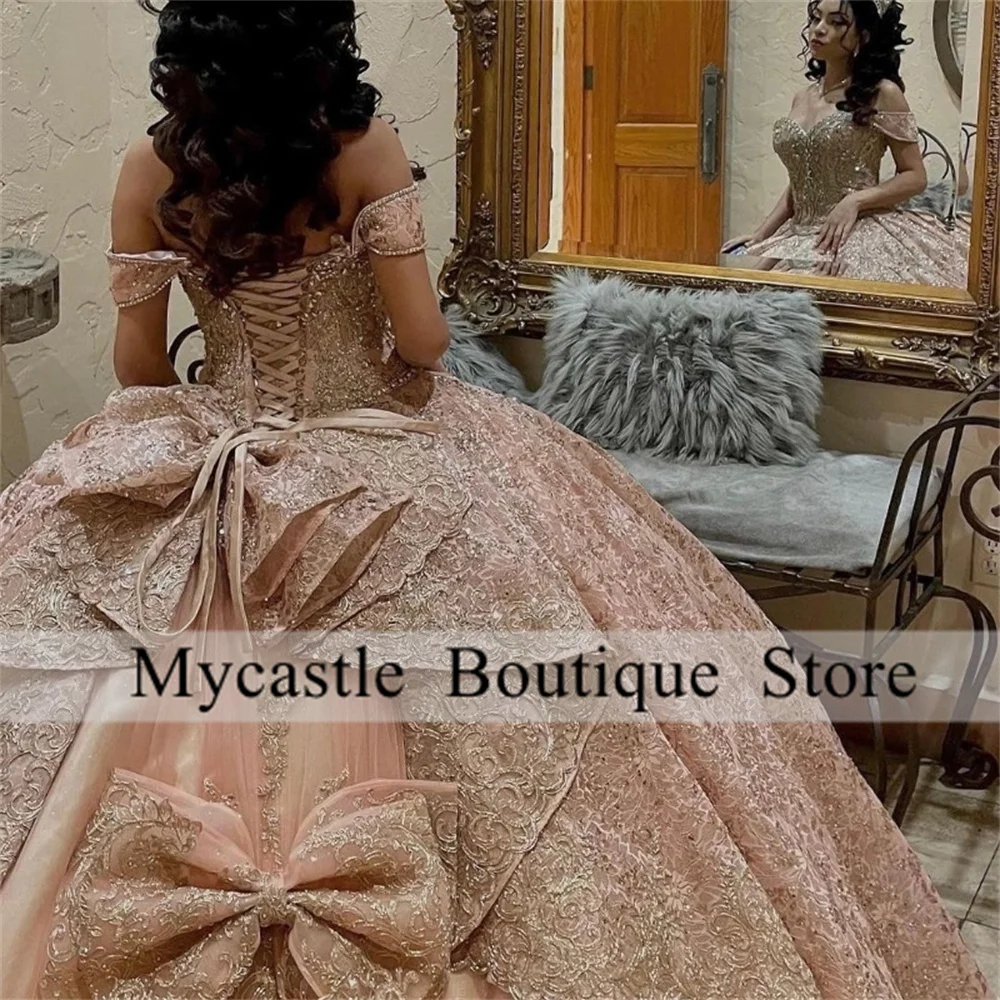Quinceanera Dresses Bow Off Shoulder Ball Gown Appliques Crystals Beads Sweet 16 quinceanera dresses