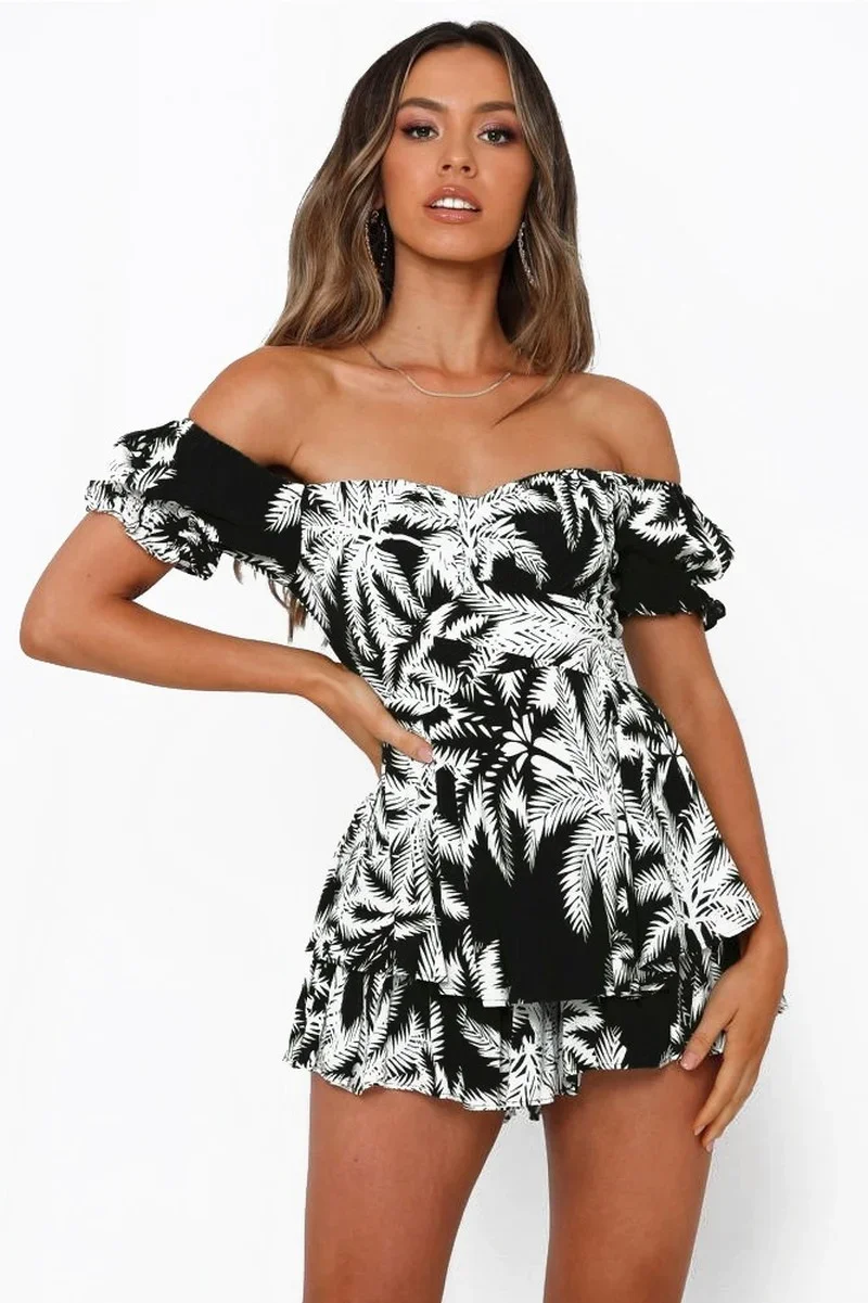 2024 Print Tie Dye Off-shoulder Ruffles Tube Top Sexy Jumpsuits Women Summer Orange One-piece Shorts Casual Gentle Playsuits New