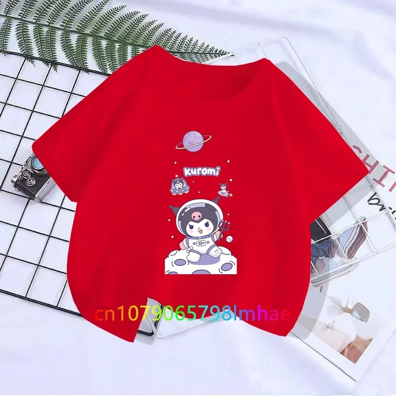 

Летняя одежда Sanrio, необычная детская хлопковая Футболка Kulomi с принтом, Повседневная футболка из хлопка, Топ