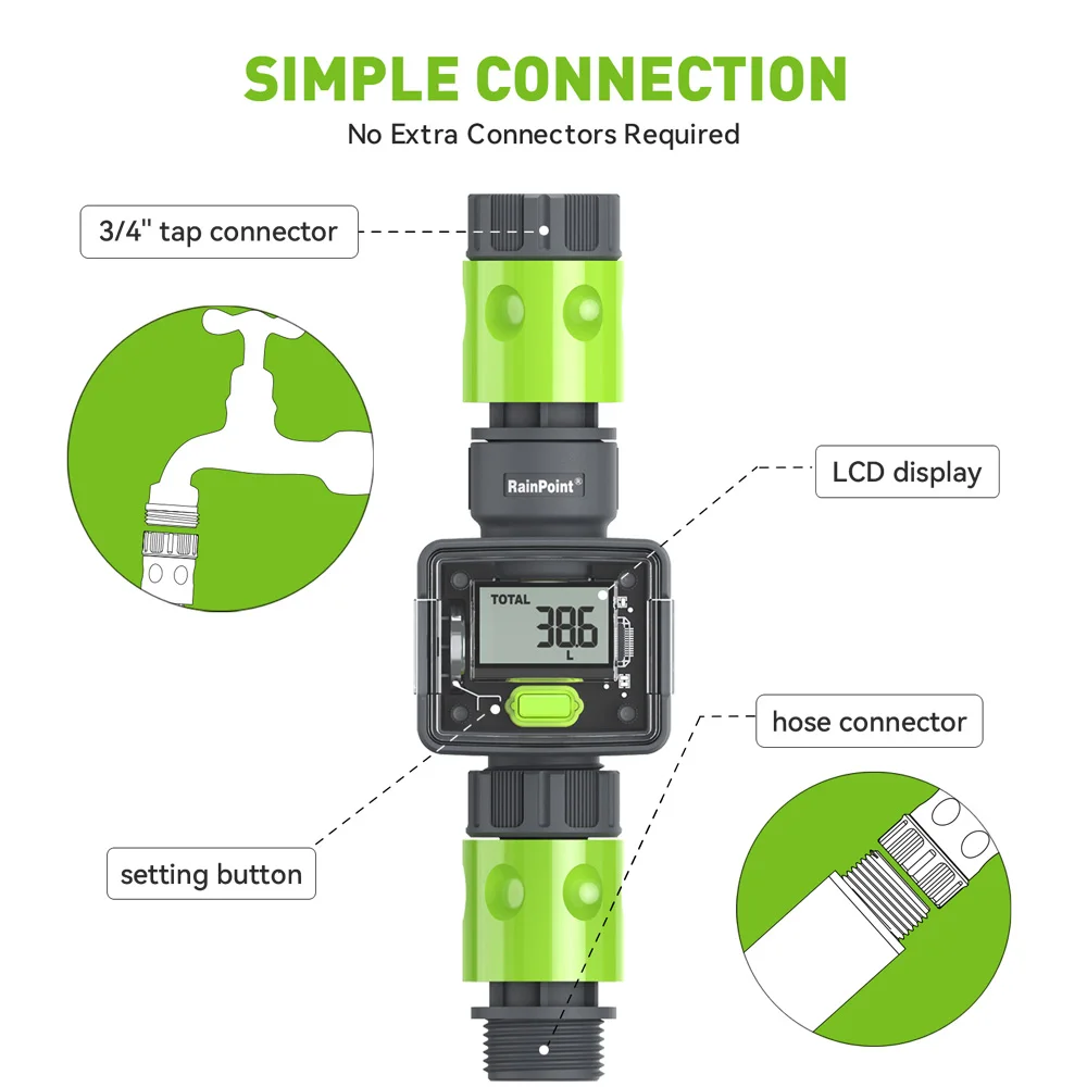 RAINPOINT Smart Garden Hose Water Flow Meter With Real-Time Tracking & Usage Alert - Digital Flow Sensor, Smart Water Meter For Garden Hose With 2.4 Ghz Only WiFi Gateway Hub