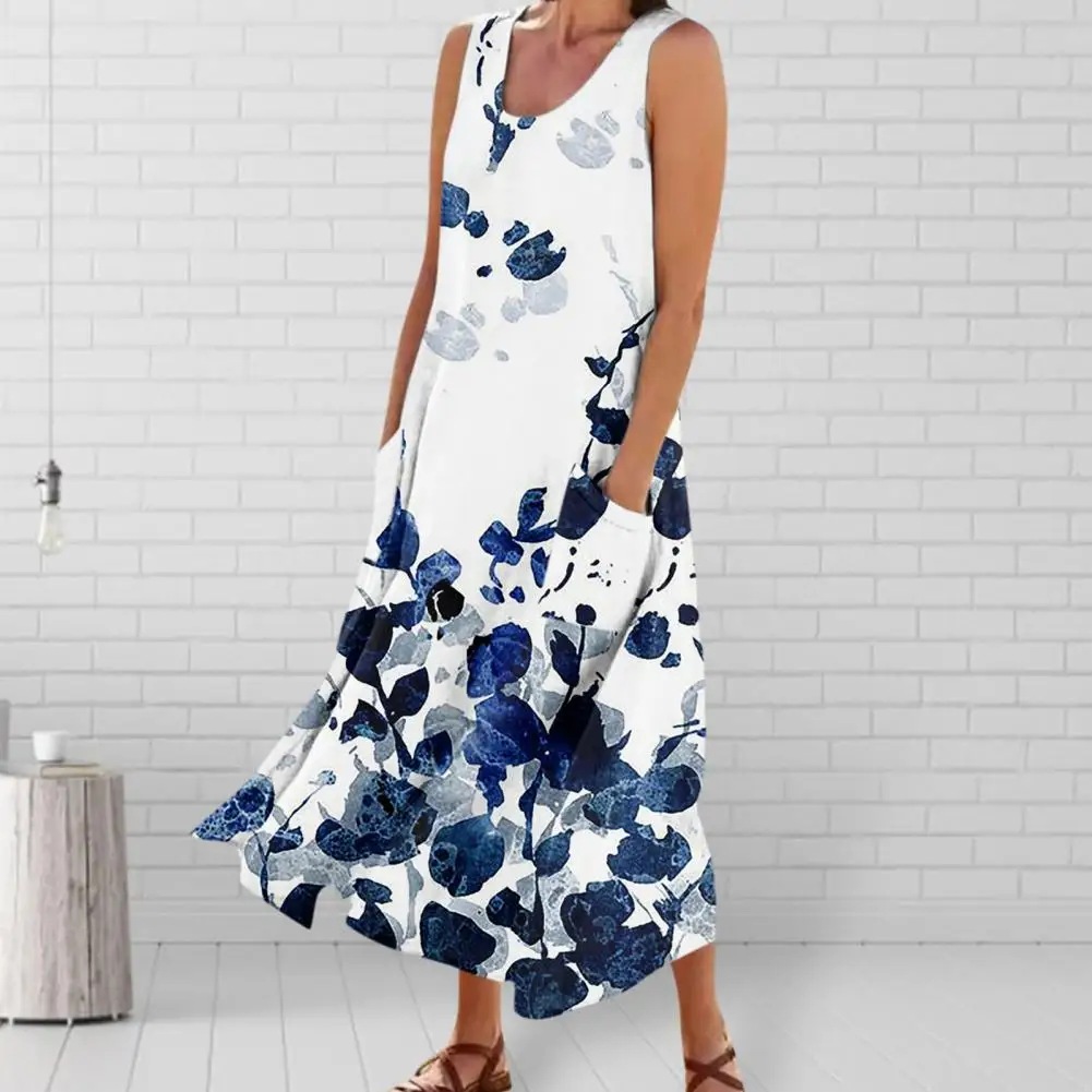 

Women Print Dress Lady Sleeveless Dress Vintage Wash Painting Print Patch Pockets Women's Sleeveless Maxi Dress with A-line