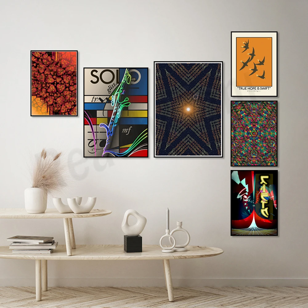 늦여름 사랑: 빨강과 노랑 하트, 클라리넷 솔로 음악 아트, 세레나데 별이 빛나는 하늘 디자인 별 시트 음악 포스터, 새 아트