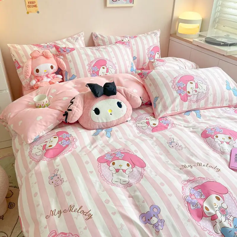 

Комплект постельного белья Melody из чистого хлопка из четырех предметов Sanrio Милая коричная простыня Kuromi для общежития пододеяльник наволочка набор из трех предметов