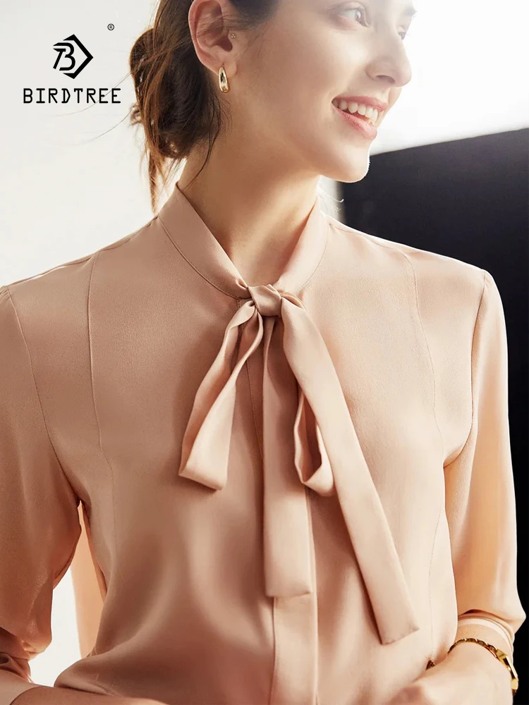 

Birdtree 2024 Summer Autumn New,Bow Tie Long Sleeve Fashion Commuter Blouse,6A 100%Mulberry Silk Women Solid Shirt T38224QC