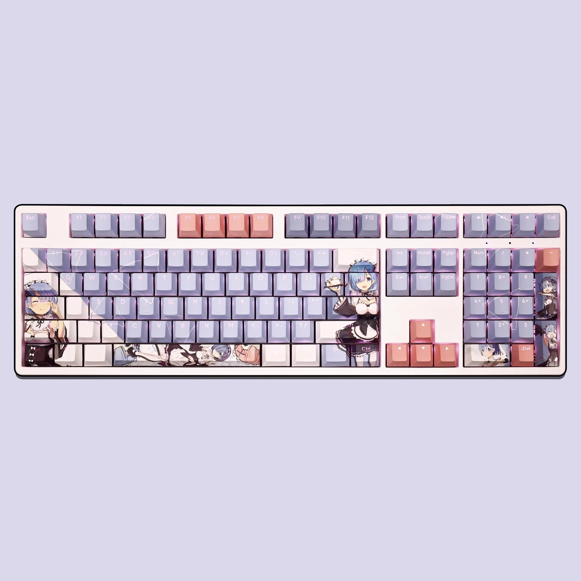Anime Keycaps Grupo 108 Chaves Conjunto Re: Vida em um Mundo Diferente de Zero Rem Pbt Tintura Subbed Backlit Keycaps Ansi 61 87 104 - Imagem 4