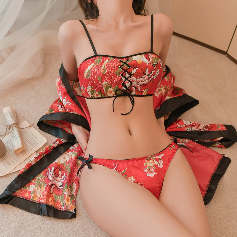 Red Sexy Lingerie Japanese Kimono Cosplay Printed Floral Bathrobe Pajama Kawaii Women Uniform Robe Nightdress Bra Panties Set