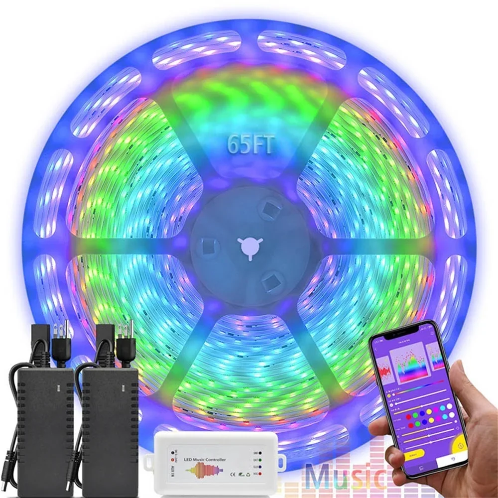 

65.6FT100W 20M smart App control RGB LED Light Strip Kit DC24V Multi Color Chasing LED flexible Strip Lighting atmosphere lamp