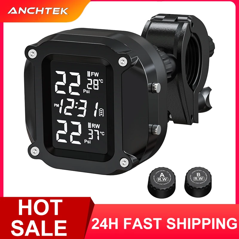 Anchtek Motorcycle TPMS Moto Wireless Tyre Pressure Monitoring System USB Charging LCD Display Air Pressure Sensor for Bike