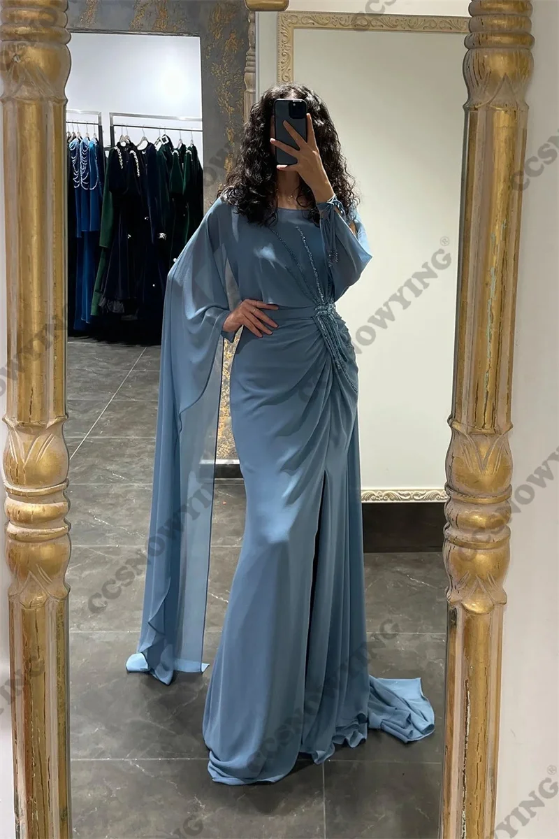 

Chiffon Appliques Beaded Muslim Evening Dresses Long Sleeve Islamic Formal Party Gowns Round Neck Women Arabic Robes De Soirée