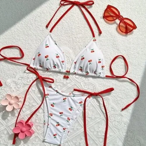 Sexy Bikini Swimsuit Hot Sale Of The Season New Cherry Bowknot Vacation Bikini Set Cute Female Split Design Holiday Swimwear