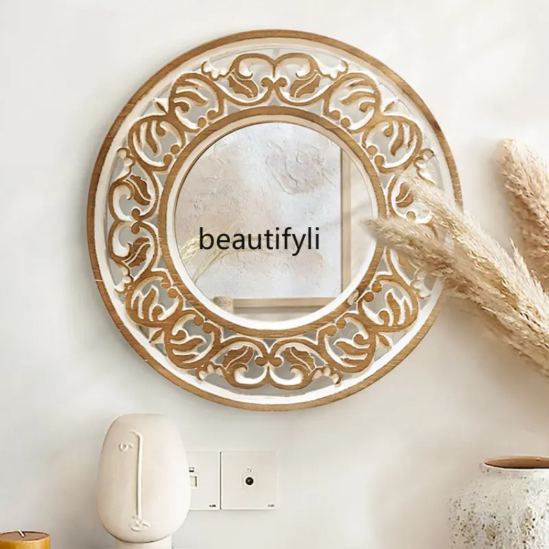 

Yj круглая деревянная резная декоративная зеркальная Подвеска для прихожей в американском стиле