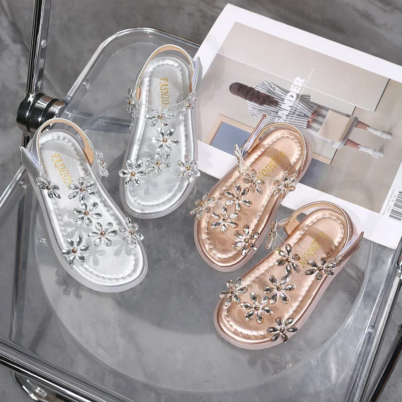 Baby Girl Sandals Crystal Bling Diamond Flower Princess Dance Shoes Summer Small Big Kids Party Shoes 1-3-4-6-7-12 Years Old