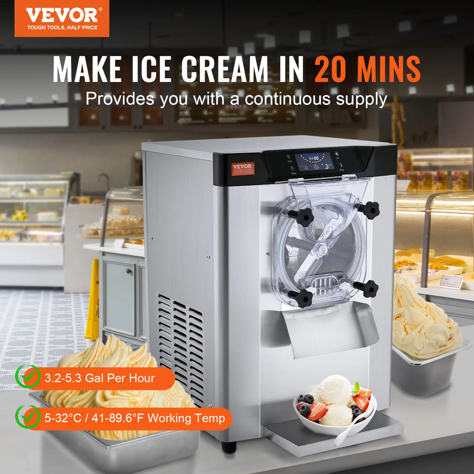 VEVOR 4.5L Commercial Ice Cream Machine 1713W Single Flavor Countertop Hard Serve IceCream Maker for Restaurant Snack Bar 2