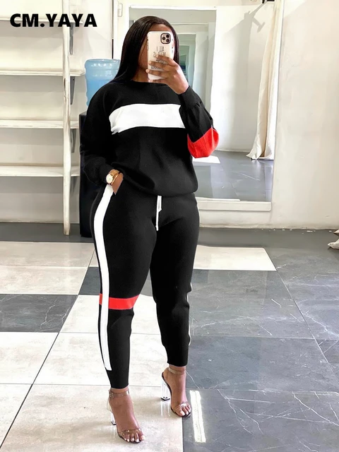 CM.YAYA Active Two 2 Pieces Set for Women Fall Winter Fitness Outfit Pullover Sweatshirt + Jogger Pants Sporty Street Tracksuit 1