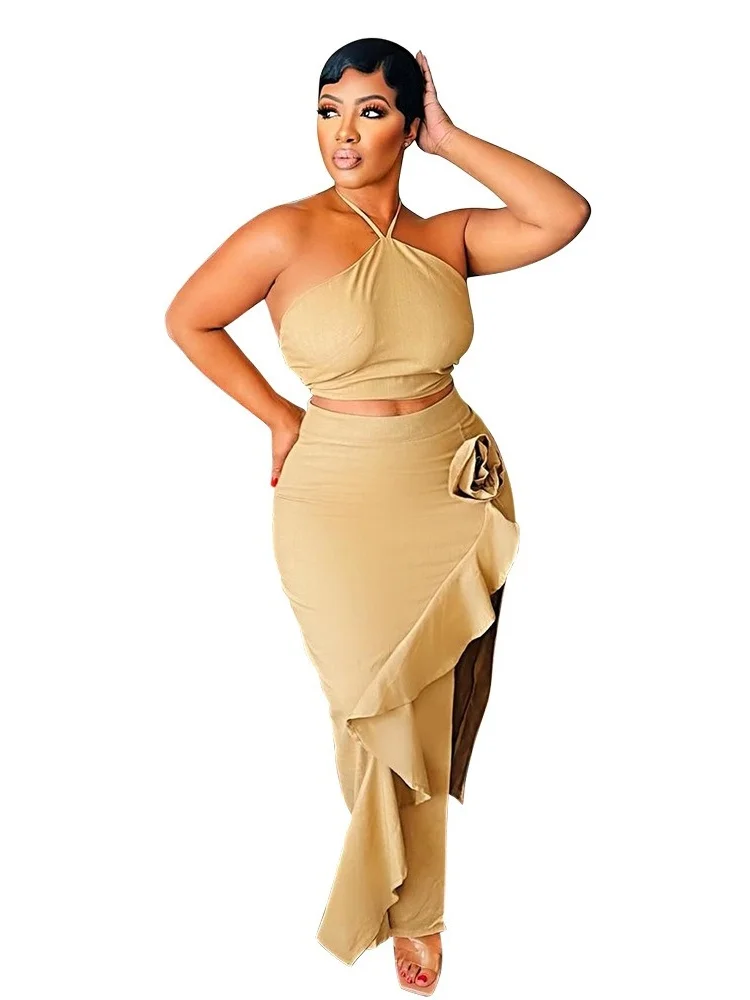 Wmstar 2 Pieces Set for Woman 2025 Wholesale Skirts Sets Sleeveless Solid Summer New Side Opening Ruffle Lace Up Drop Shopping