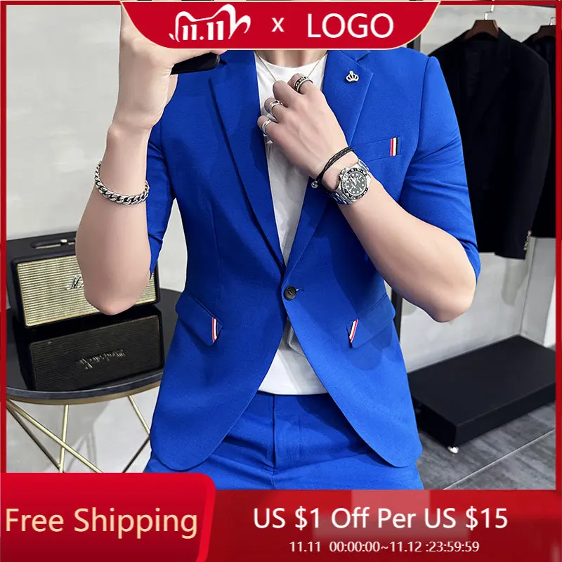 

2023 Summer Style Seven-point Sleeve (suit + Western Pants) Handsome Suit Nine-point Casual Pants Mid-sleeve Suit Two-piece Set