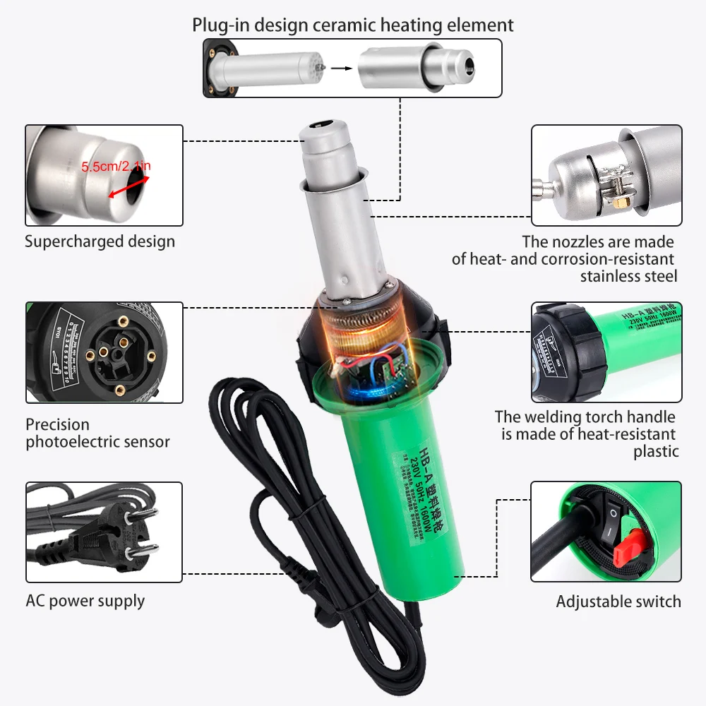AC 220V 1600W 50/60hz Plastic Welding Machine Electric Hot Air Gun Plastic Welding Gun + Heating Core + Flat Head Accessories 4