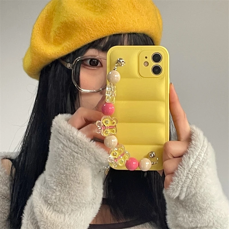 Korea Cute Butterfly beads Bracelet Wrist Chain Case For iphone 13 12 11 Pro Max 2022 Spring Yellow Down Jacket Soft Back Cover |