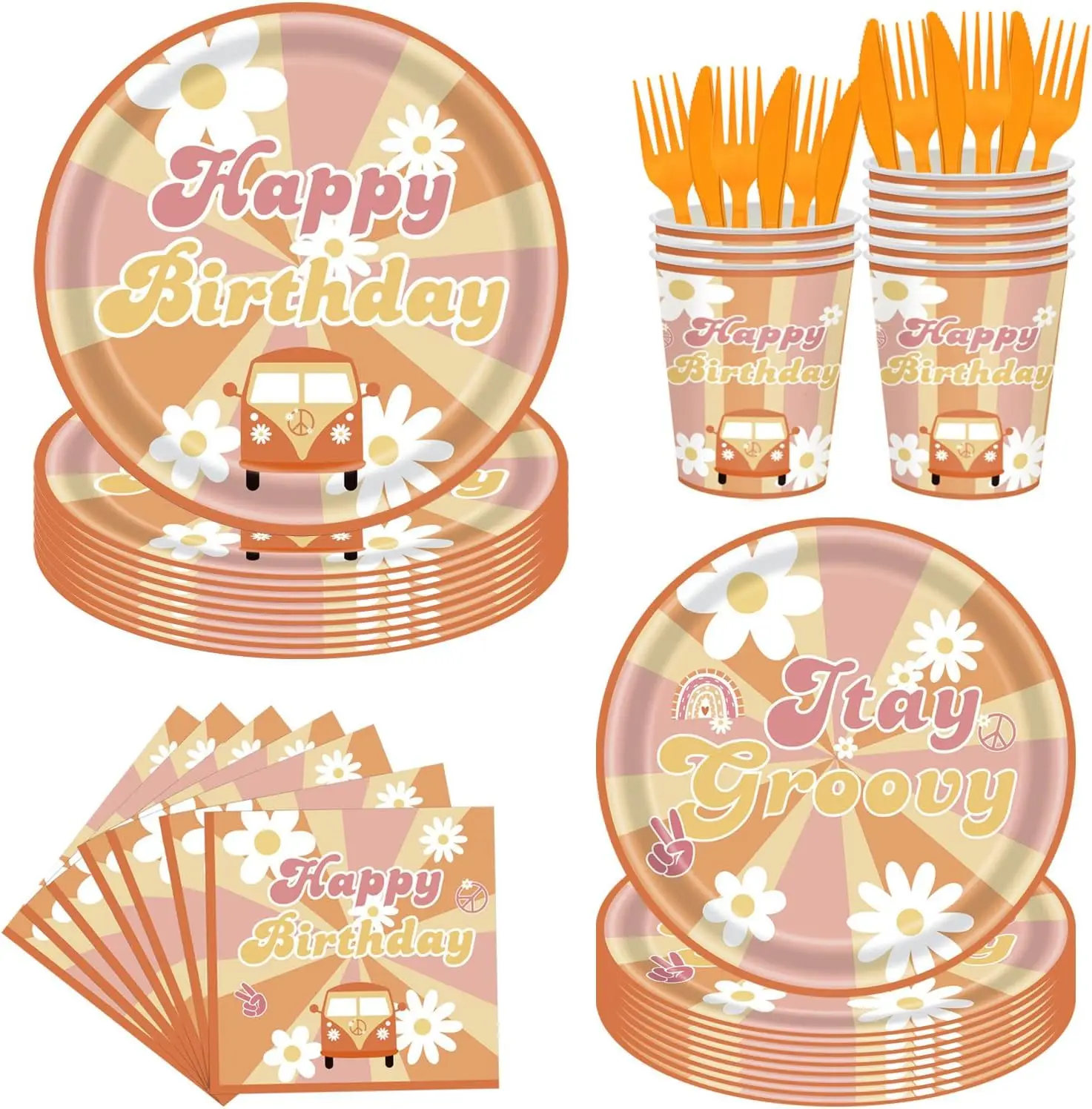 

144Pcs Retro Boho Hippie Birthday Decorations Groovy Party Supplies Tableware Set For Serves 24 Daisy Flower Plates Baby Shower