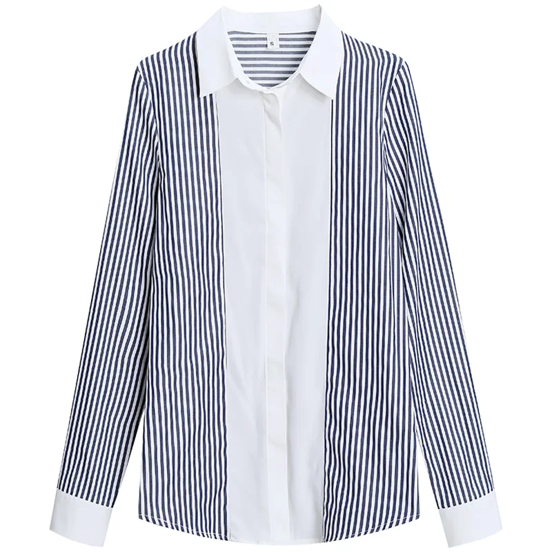 Striped Long Sleeve Shirt Women'S 2023 New Korean Version Splicing Fashion Trend Chiffon Top Bottoming Shirt Business Wear fashion simple versatile striped contrast color men s casual sweater ouma personality trend knitted bottoming shirt