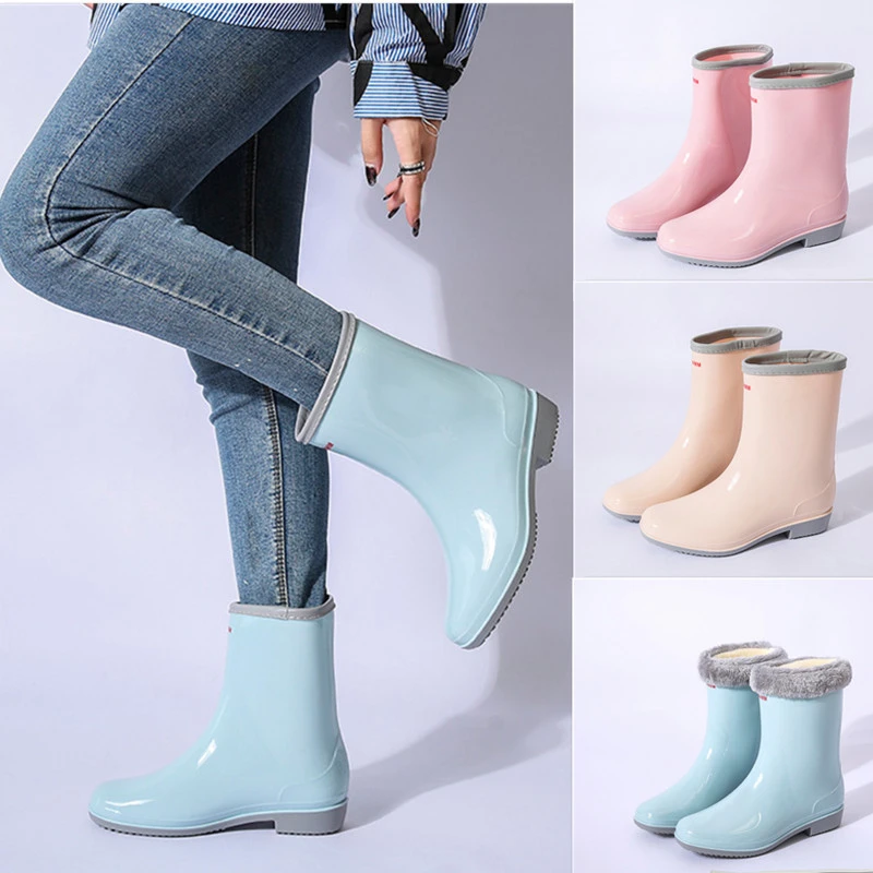 Mid calf Rain Boots Women Platform Rubber Shoe Fashion Outdoor Slip on