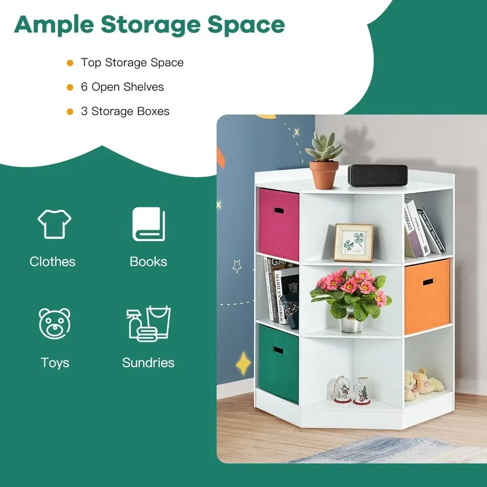 Kids Bookcase with Large Storage Drawers, Children's Corner Cabinet with 6 Cubes and 3 Shelves, Wooden Storage Sideboard