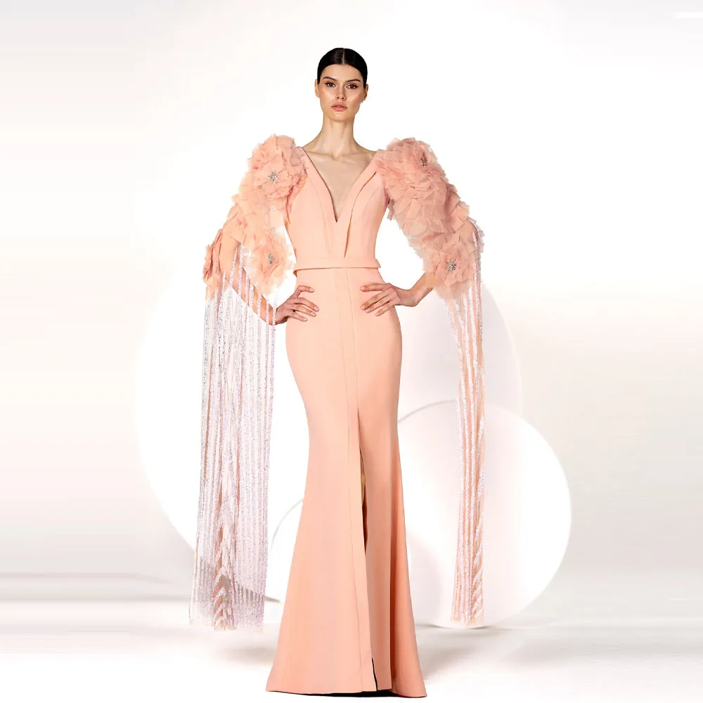 

Pink Mermaid Long sleeved Evening Gown with Organza Pleated Flower Ball Gown Crystal Tassel Banquet Formal Occasion Gown Gown