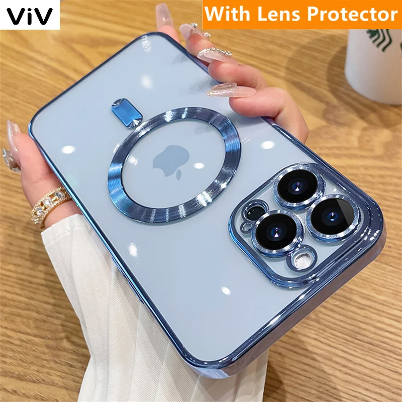 

For Magsafe Fashion Plating Lens Protector Case For iPhone 14 13 12 11 Pro Max Silicone Camera Wireless Magnetic Charging Cover