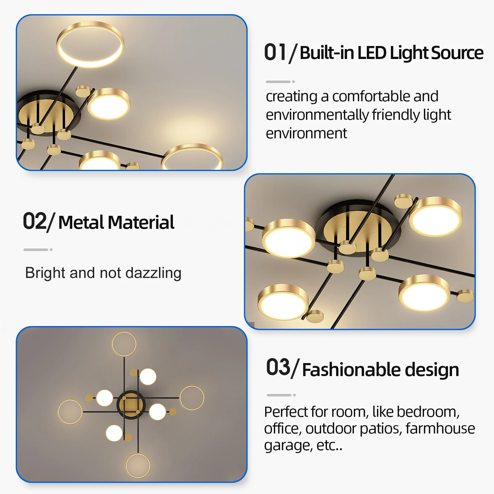 Ilus ja energiasäästlik puldiga lühter, millel on sisse-ehitatud LED valgusallikad ja elegantne metallist disain. Valgusallikad on kuldset värvi ja kinnitatud mustale raamile, sobides hästi moodsa interjööriga ruumi.