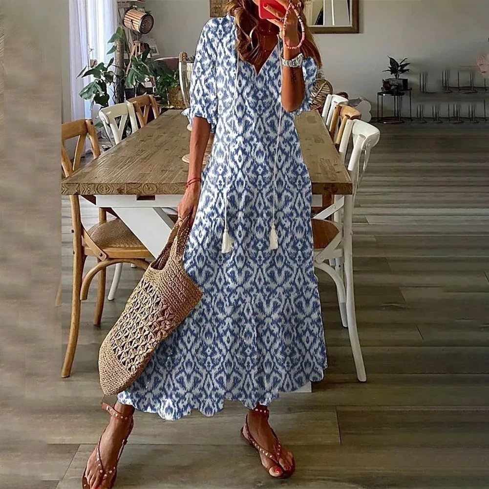 Clothes Women Dress A-Line Beach Bohemian Dresses Elegant Fashion Floral Print Half Sleeve Hanging Beard Lace Up