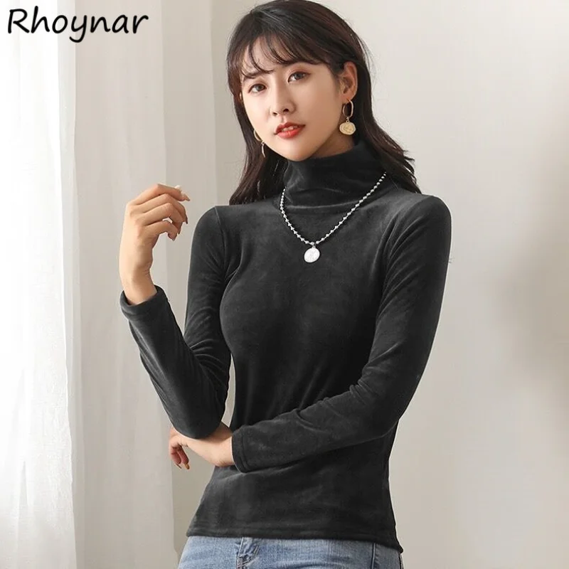 

Thicker T-shirts Women Retro Inside Basic Solid Casual Keep Warm Winter 4 Colors Trendy Korean Version Cozy Elegant All-match