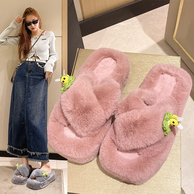 2023 New summer andAutumn fashion cross fluffy slippers women's indoor and outdoor one word flat cotton slippers ATD205