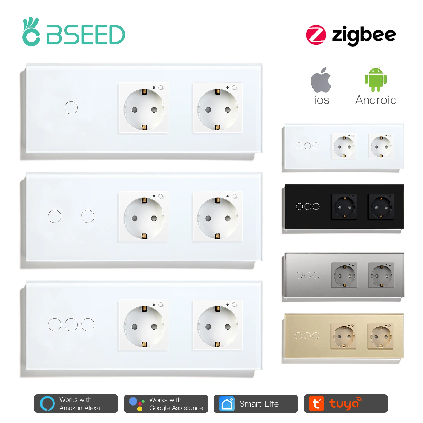 Bseed EU Type Zigbee Smart Socket Double Smart Wall Plug Crystal Glass  Panel Work With Tuya Google Home Alexa Smart Life - AliExpress