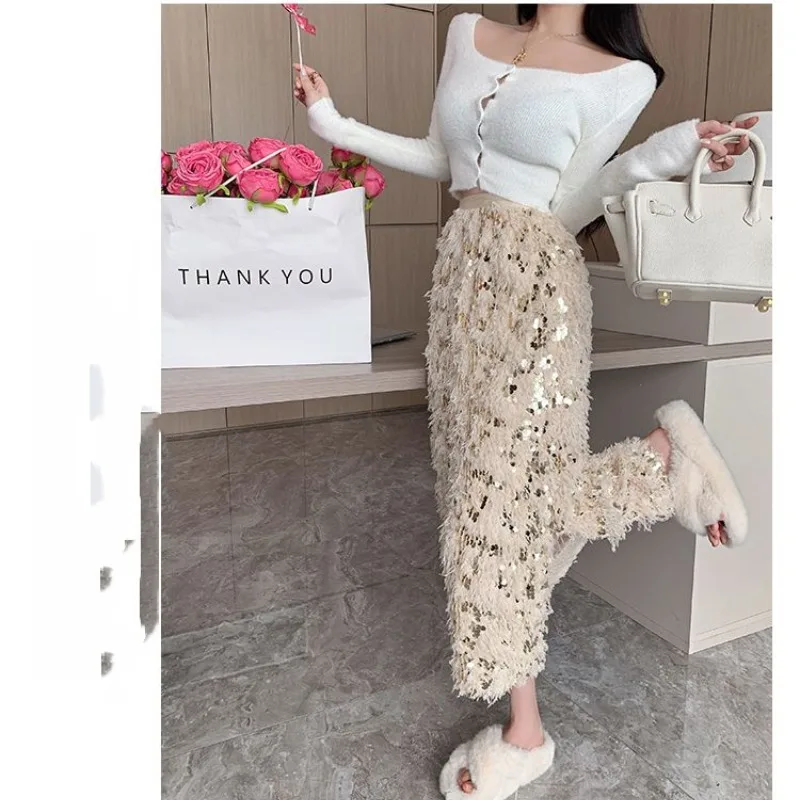 

Women's Autumn Winter New Fashion Solid Color Tassel Sequin Temperament Versatile Straight Tube Mid Length Side Slit Skirt