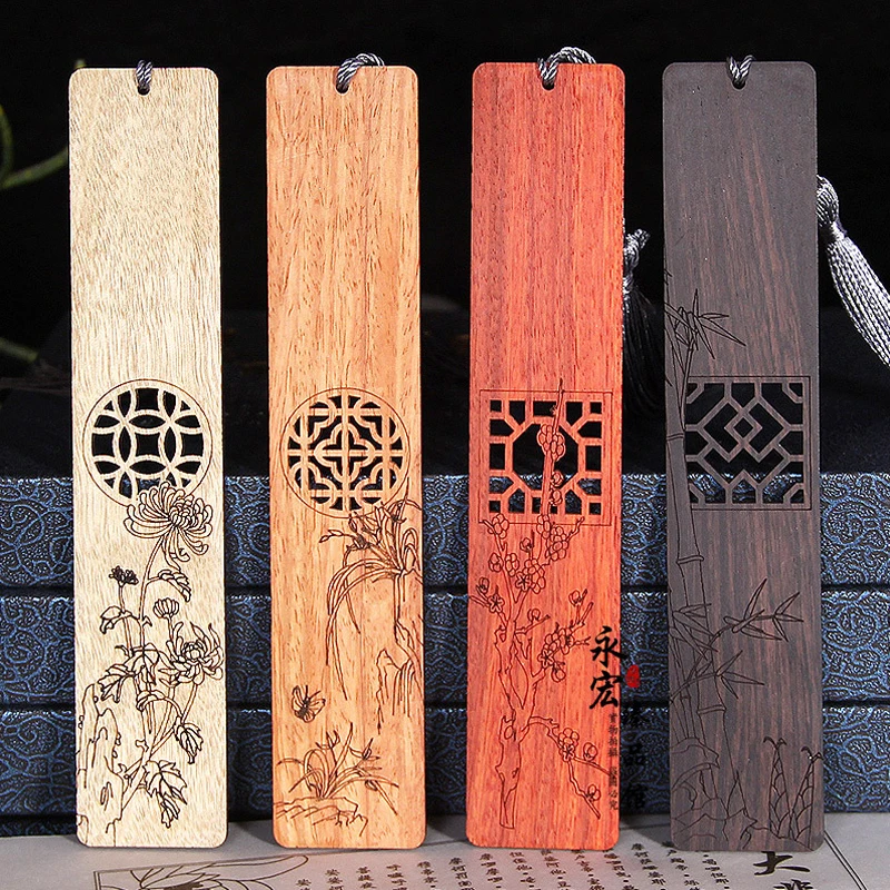 Retro Wooden Bookmarks Carving Plum Blossom Orchid Bamboo Chrysanthemum Chinese Style Book Mark School Kid Reading Tool Supplies