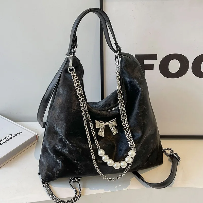 Elegant Silver Large-Capacity Tote Bag with Chain Strap - Perfect