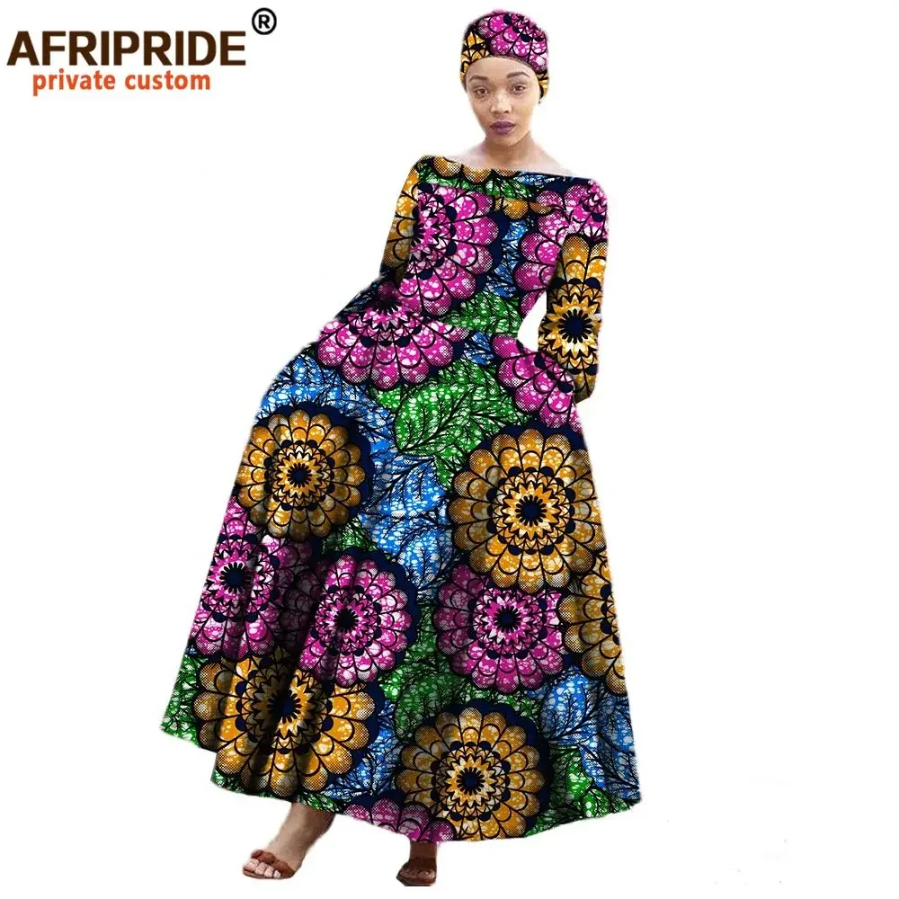 African Maxi Dress for Women Long-sleeves Ankle-length Party Long Dress Plus Size with A Small Headscarf AFRIPRIDE A722559 aptx african set for women half sleeves appliques top full length pants 2 pieces casual suit polyester material a2226022