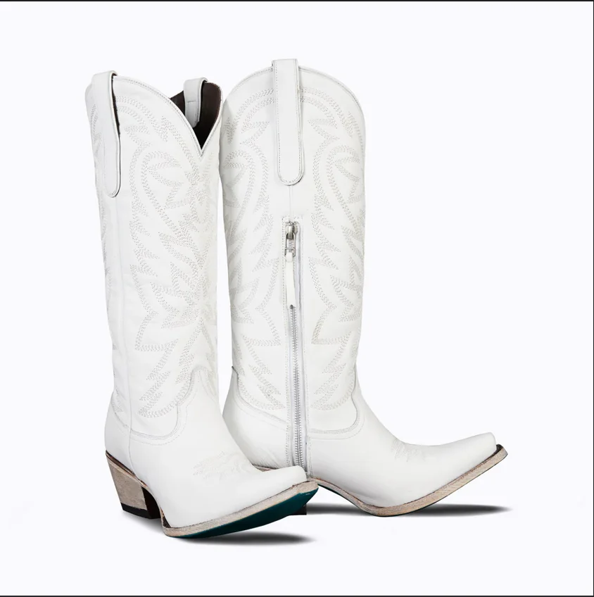 Embroidered White Western Boots 2024 Autumn Retro Mid Calf Cowgirl Women's Boots With Side Zip Lady Shoes