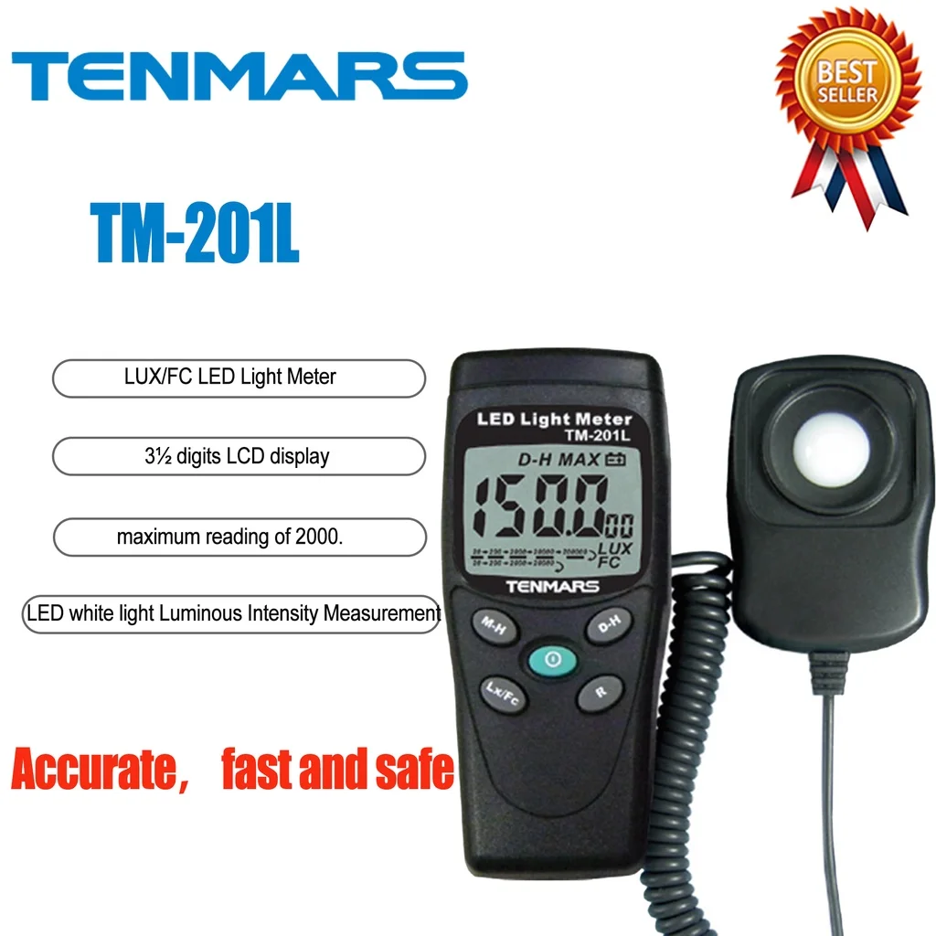 TENMARS TM-201L LUX/FC LED Light Meter 3 1/2 Digits LED With Maximum Reading 2000,Silicon Photodiode and Filter.