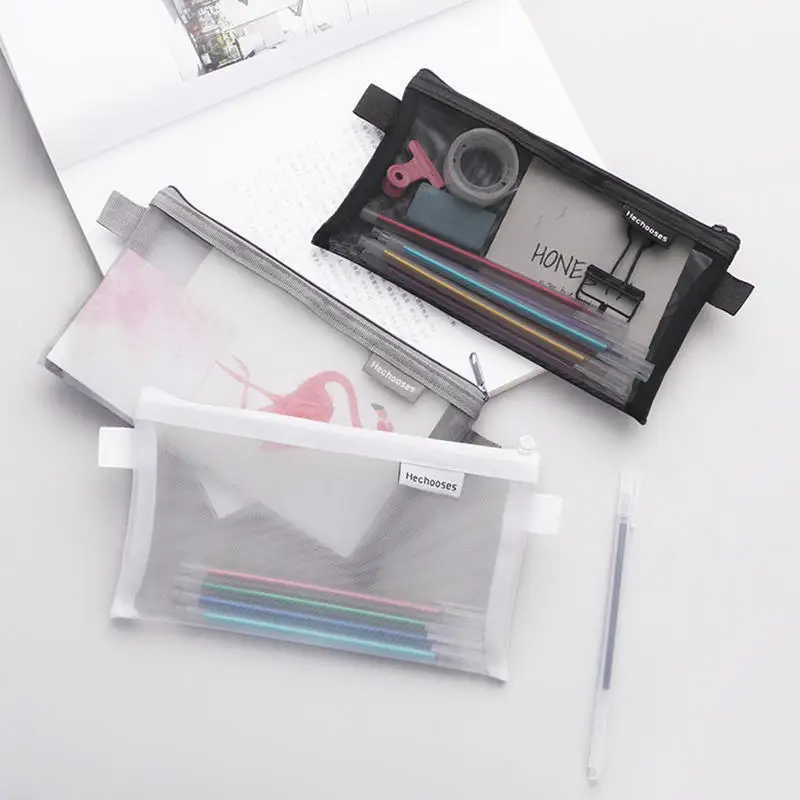 1 PCS Creative Mesh Transparent Cute Square/Oval Portable Pen Pencil Pouch Bag School Office Supply Stationery Case
