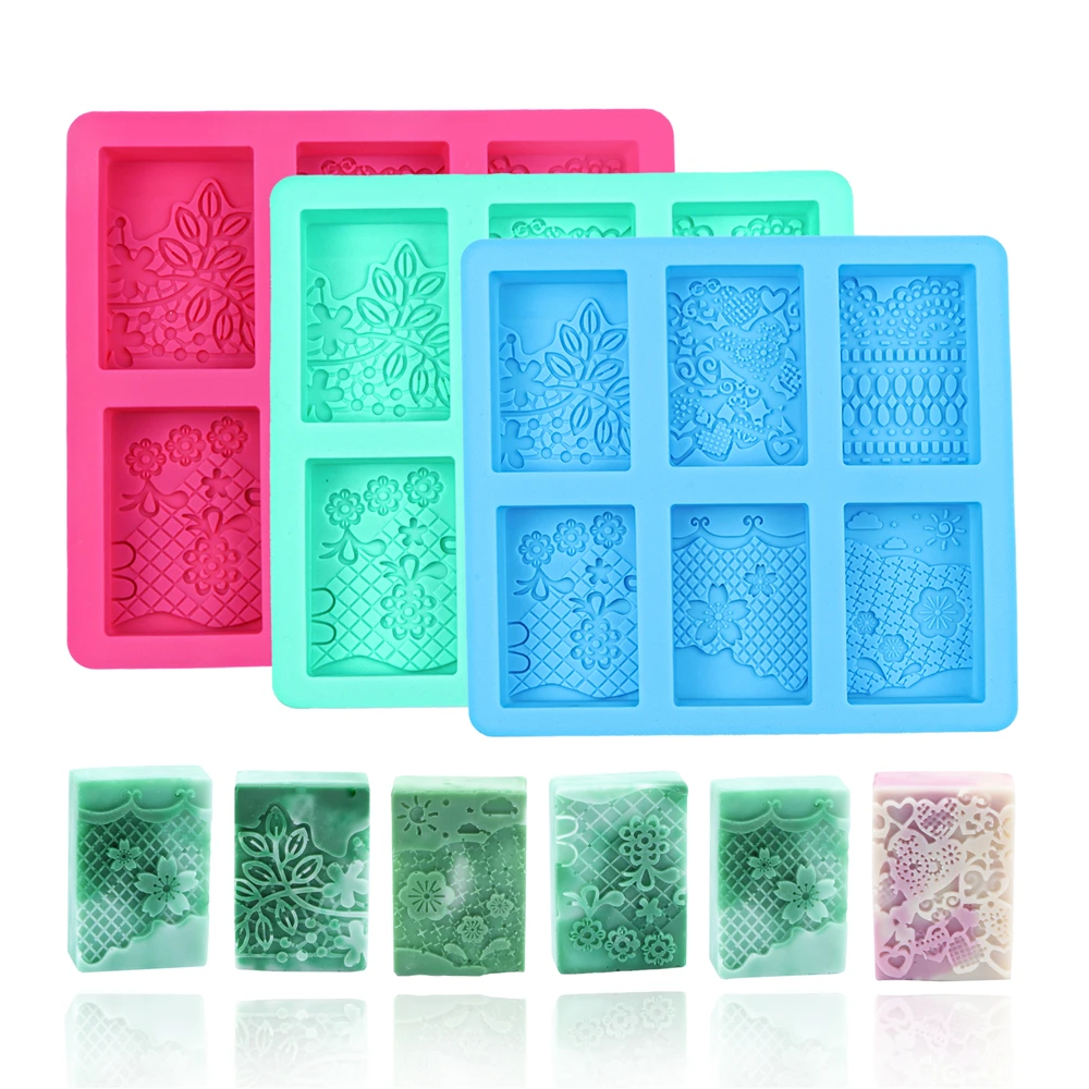 6-Cavity Silicone Soap Molds with Mixed Lace Patterns for DIY Soap Making Decor Crafts