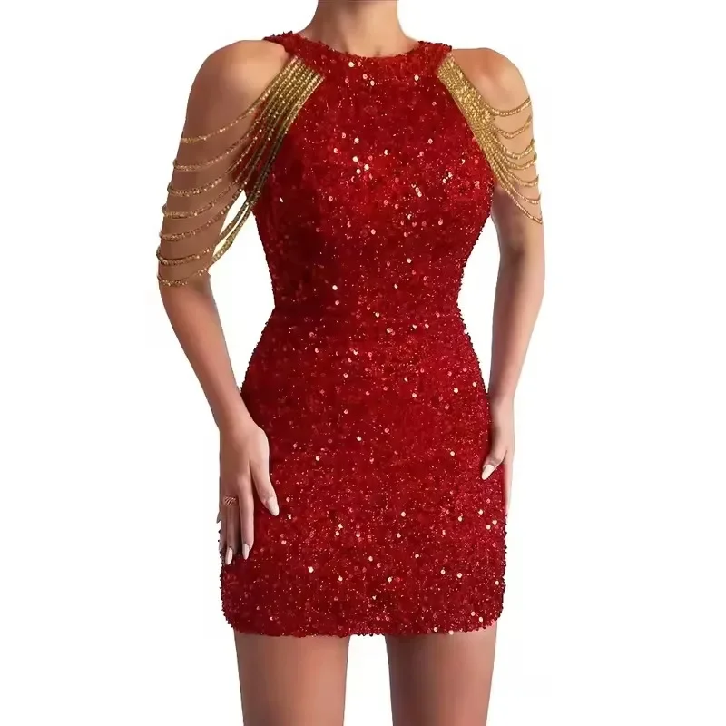 New Off Shoulder Elegant Sequin Dress Short Party Bodycon Dress Women Sexy Evening Party Birthday Dress