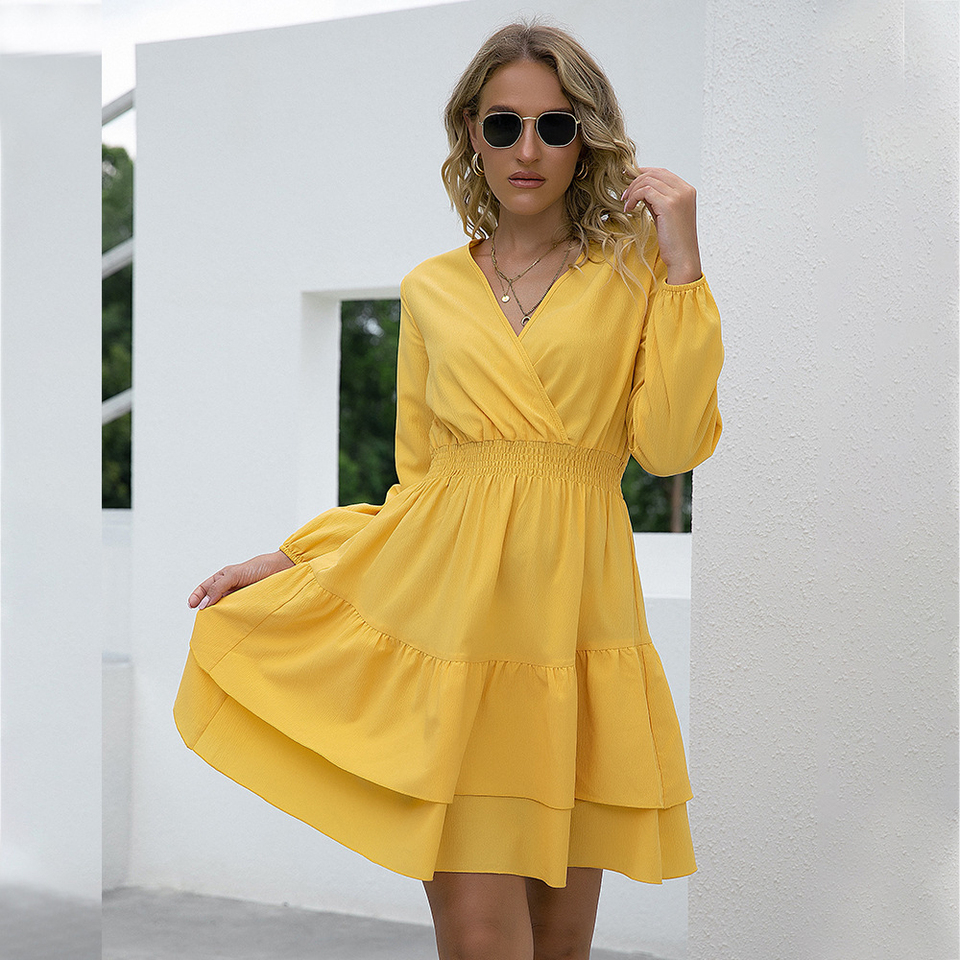 2025 Autumn New Women's V Neck Elegant Casual Long Sleeve Dresses Layered Knee Dresses Holiday Homecoming
